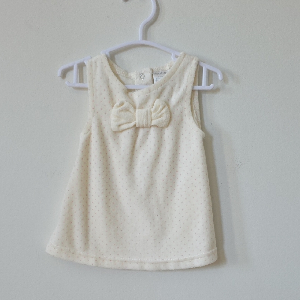 Cream Velour Sleeveless Kids Dress with Bow, 3/6M